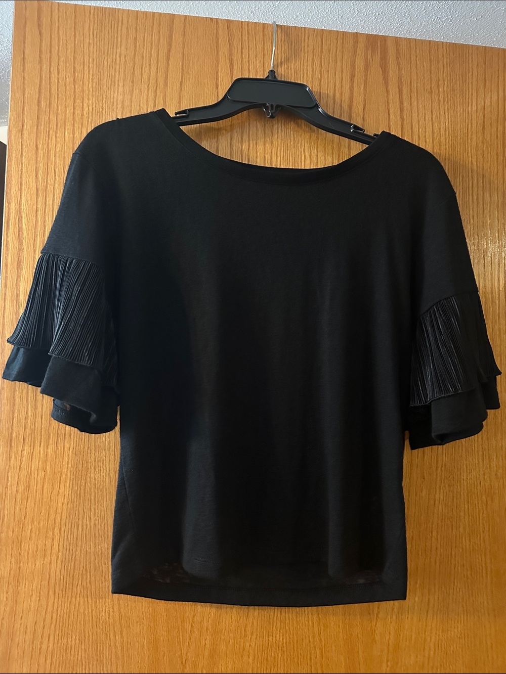 Express Black Short Sleeve Top with Pleated Ruffle Sleeves